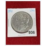 1891 UNC Morgan Silver Dollar Coin