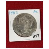 1891 S UNC Morgan Silver Dollar Coin
