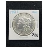 1881 S UNC Morgan Silver Dollar Coin