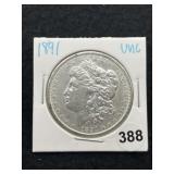 1891 UNC Morgan Silver Dollar Coin