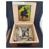Wooden Cigar Box full of Blades, Arrowheads, Scrap