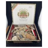 Wooden Cigar Box full of Blades, Arrowheads, Scrap