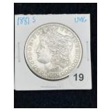 1881 S UNC Morgan Silver Dollar Coin