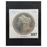 1890 S UNC Morgan Silver Dollar Coin