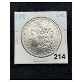 1891 UNC Morgan Silver Dollar Coin