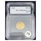 1913 ICG - Genuine $2 1/2 Dollar Gold Coin