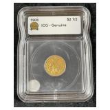 1908 ICG - Genuine 2 & 1/2 Dollar Gold Coin