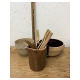 ANTIQUE CROCKS WITH WOODEN UTENSILS