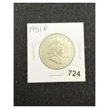 1951 D Franklin Half Dollar Silver Coin