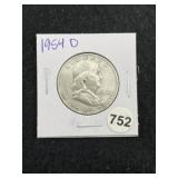 1954 D Franklin Half Dollar Silver Coin