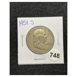 1951 S Franklin Half Dollar Silver Coin