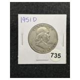 1951 D Franklin Half Dollar Silver Coin
