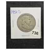 1951 S Franklin Half Dollar Silver Coin