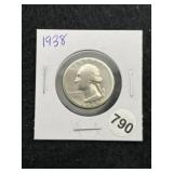 1938 Washington Silver Quarter Coin