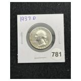 1937 D Washington Silver Quarter Coin
