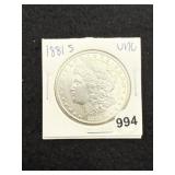 1881 S UNC Morgan Silver Dollar Coin