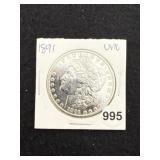 1891 UNC Morgan Silver Dollar Coin