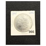 1891 UNC Morgan Silver Dollar Coin