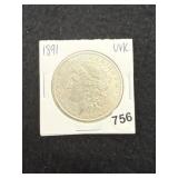 1891 UNC Morgan Silver Dollar Coin