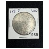 1881 S UNC Morgan Silver Dollar Coin