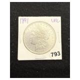 1891 UNC Morgan Silver Dollar Coin