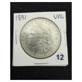 1891 UNC Morgan Silver Dollar Coin