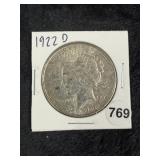 1922 D Peace Silver Dollar Coin