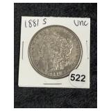 1881 S UNC Morgan Silver Dollar Coin