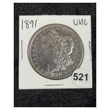 1891 UNC Morgan Silver Dollar Coin