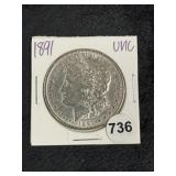 1891 UNC Morgan Silver Dollar Coin