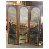 Antique Painted Three Panel Wood Screen