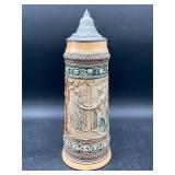 Large Bavarian Ceramic Beer Stein with Pewter Lid
