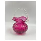 Pilgrim Cranberry Art Glass Swirl Handled Basket
