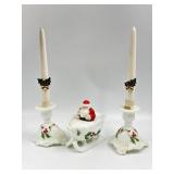 Milk Glass Holly Candlesticks & Santa Slay