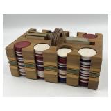 Vintage Wood Poker Chip Set w/ Playing Cards