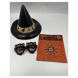 Vintage Plastic Witch Hat, Black Cat Glasses, &