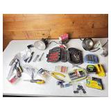 Mixed hand tools, bits, lights.