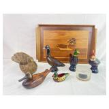 Pheasant and Duck Figurines & Wood Tray