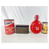 Tobacco Tin, Sugar Tin, Beer Tin, & Water Bottle.