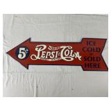 Pepsi-Cola Sold Here Tin Arrow Sign 27.5in x9in