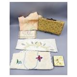 Ladies Handbag, Embroidered Linens, & Compact.