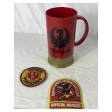 Plastic Ruger Shotgun Shell Mug, Ruger Patch, &