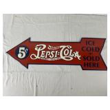 Pepsi-Cola Sold Here Tin Arrow Sign 27.5in x9in