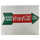 1990 Coca-Cola Sold Here Tin Arrow Sign 27in