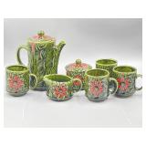 Vtg Ceramic Enesco Poinsettia Tea Set