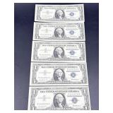 5 Sequential $1 U.S. Silver Certificates 1957.