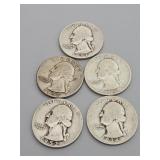 5 Silver Washington Quarters: 1952 (S), 1934,