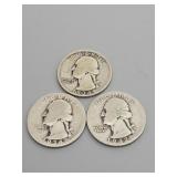 3 Silver Washington Quarters: 1934, 1942 (S), &