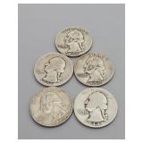 5 Silver Washington Quarters:1951 (D), 1964 (D),