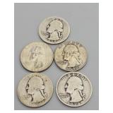 5 Silver Washington Quarters: 1934(D), 1941(D),